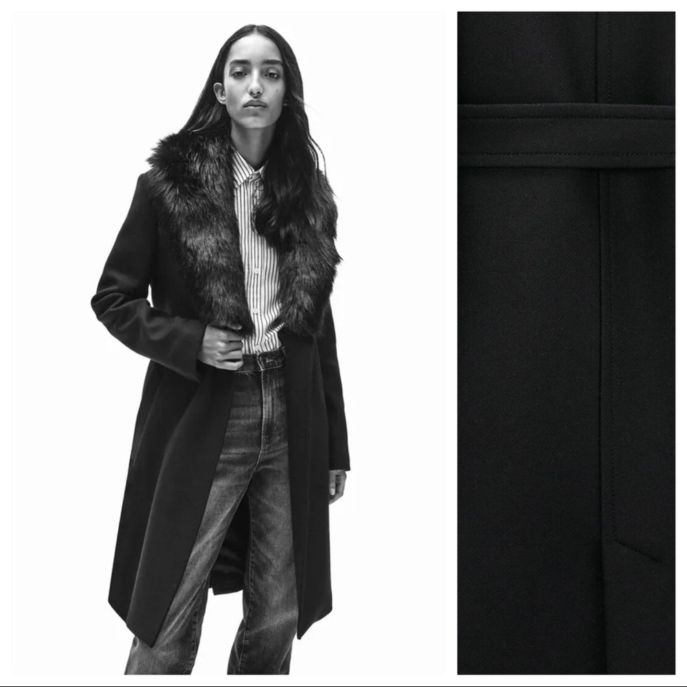 Zara Black Coat with Faux Fur Collar - Picture 3 of 11